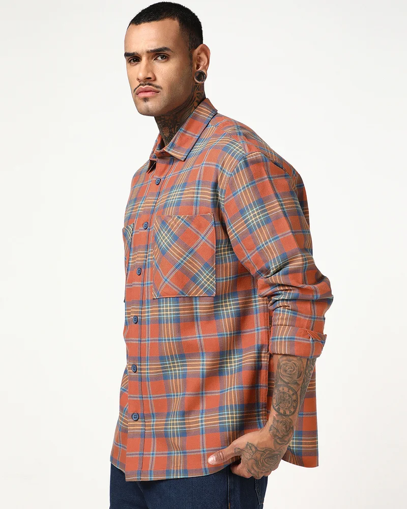 بيواكوف Men's Rust Orange Checked Oversized Shirt